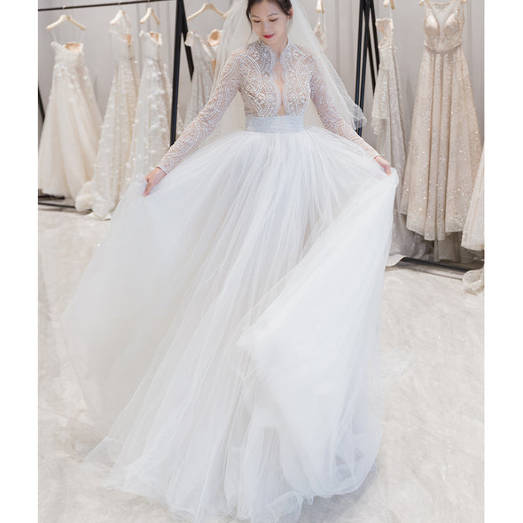 Long Sleeve Lace Ball Gown Tulle Luxury Beading Wedding Dress