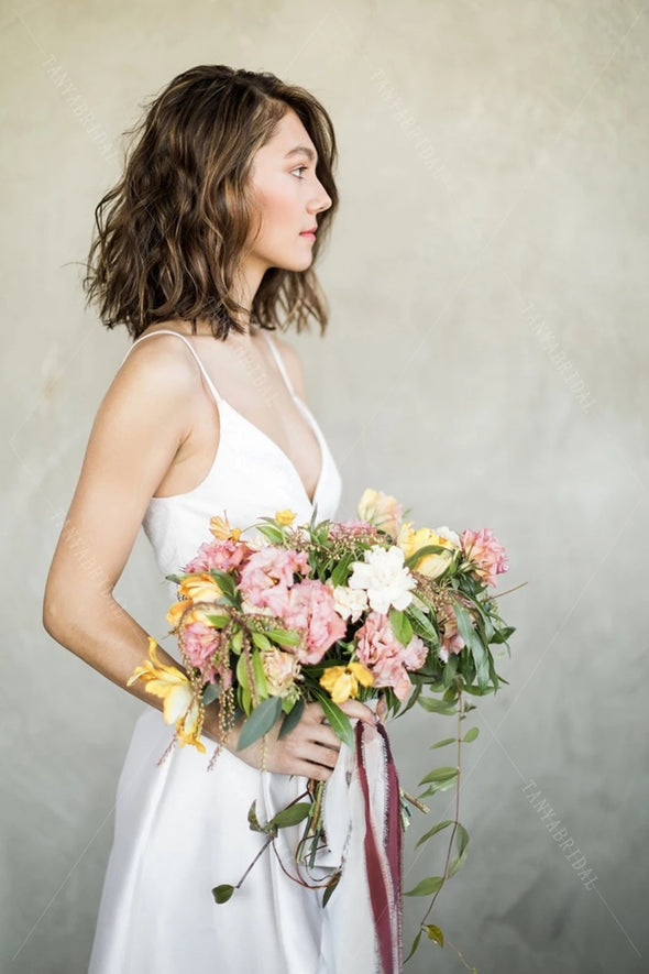 Simple Satin Wedding Dresses High Split Backless TT282