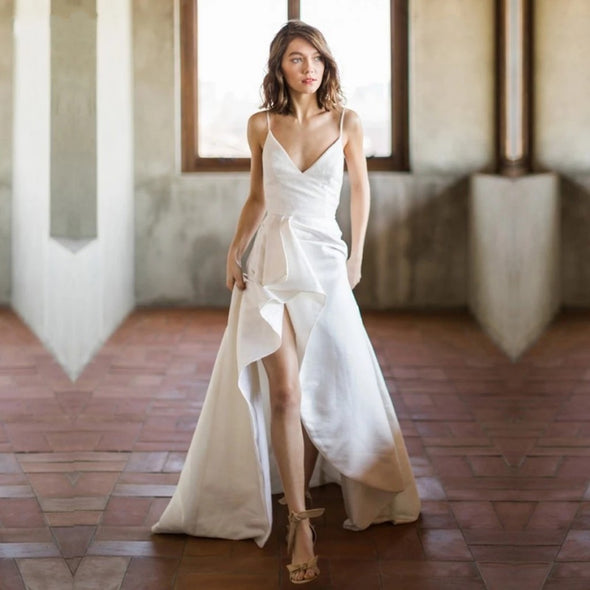 Simple Satin Wedding Dresses High Split Backless TT282