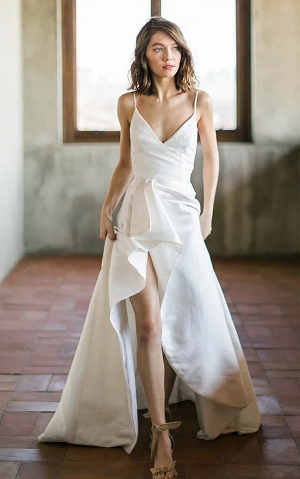 Simple Satin Wedding Dresses High Split Backless TT282