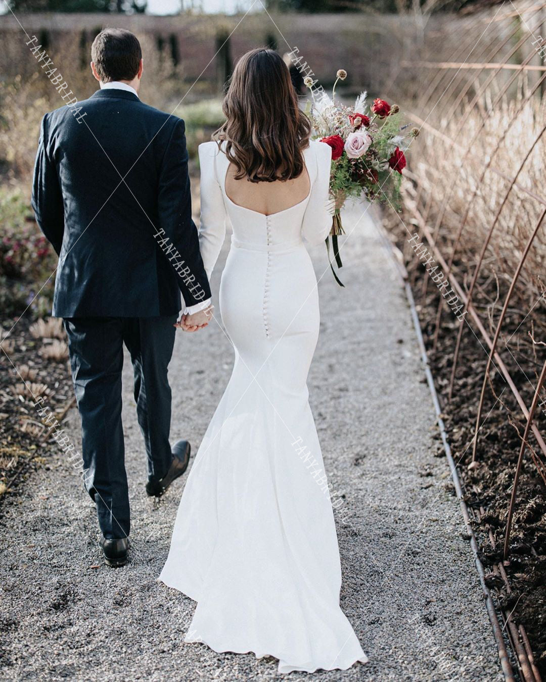 Elegant Simple Wedding Dresses Square Neck Long Sleeve Mermaid Vestido de Noivas DW346