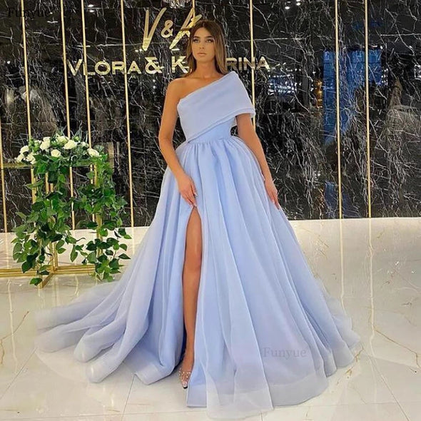Elegant Sky Blue Organza Formal Evening Dresses