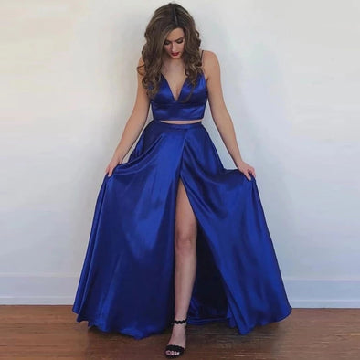 Two PIeces A Line Satin Simple Prom Dresses