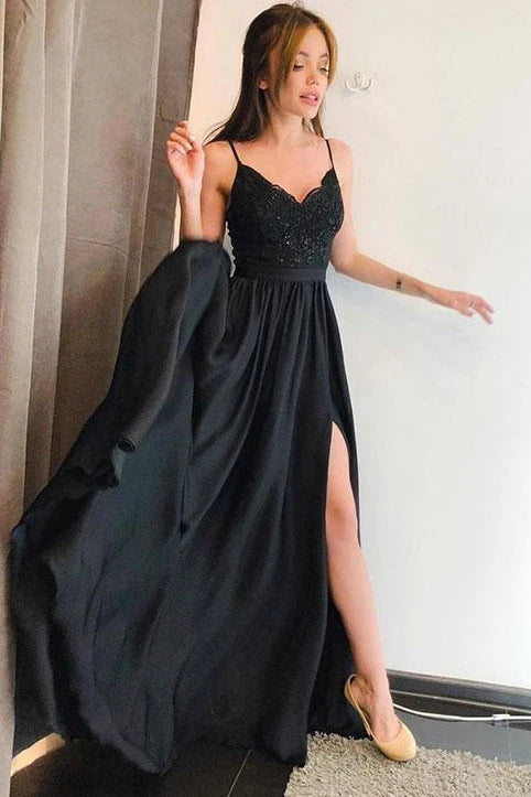 Elegant A-line Spaghetti-straps Long Black Prom Dress with Split TB133 TANYA BRIDAL Elegant A-line Spaghetti-straps Long Black Prom Dress with Split TB133 TANYA BRIDAL