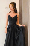 Elegant A-line Spaghetti-straps Long Black Prom Dress with Split TB1331