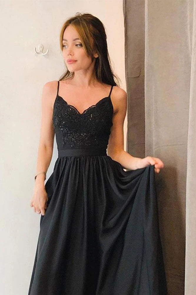 Elegant A-line Spaghetti-straps Long Black Prom Dress with Split TB1331 Elegant A-line Spaghetti-straps Long Black Prom Dress with Split TB1331
