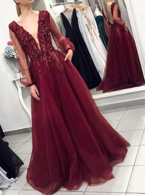 Deep V-neck Burgundy Backless Prom Dress With Long Puff Sleeves TB1367