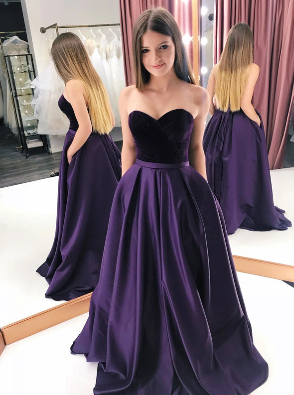 Elegant Purple Satin Sweetheart Long Prom Dresses With Pockets TB1326