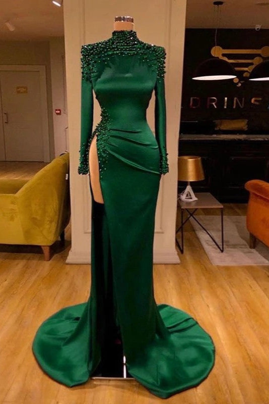 Green Arabic Evening Dress Long Sleeves High Slit