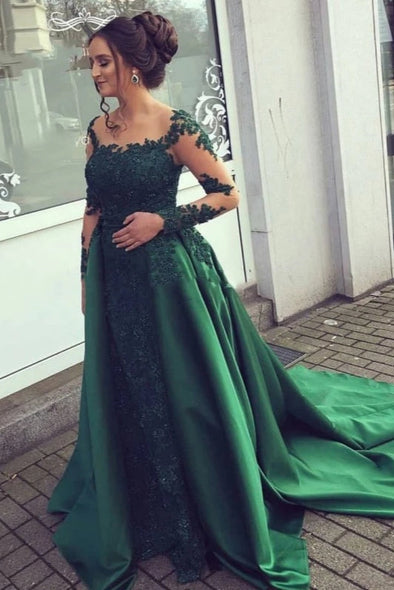 Green Evening Dress Lace Long Sleeves Prom Gown