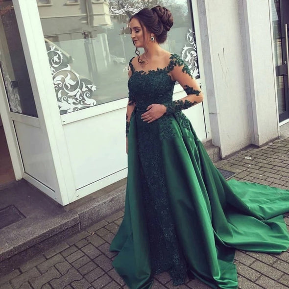 Green Evening Dress Lace Long Sleeves Prom Gown
