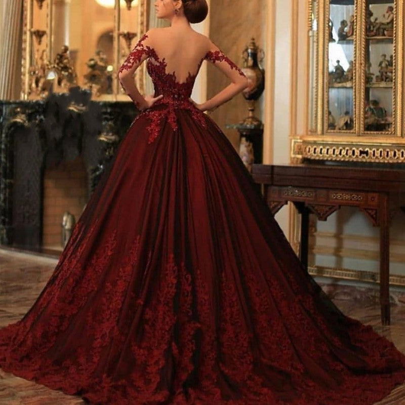 Luxury Ball Gown Burgundy Cap Sleeves Dazzling Beading Top Tulle Wedding  Dress
