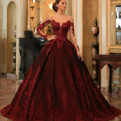 Burgundy Ball Gown Arabic Dubai Prom Dresses With Lace Appliques TBP02