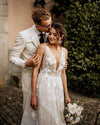Elegant Floral Lace Wedding Dresses Deep V-Neck Pearls Beads A Line Bridal Gowns Bohemian Vestido de noivas TBW06