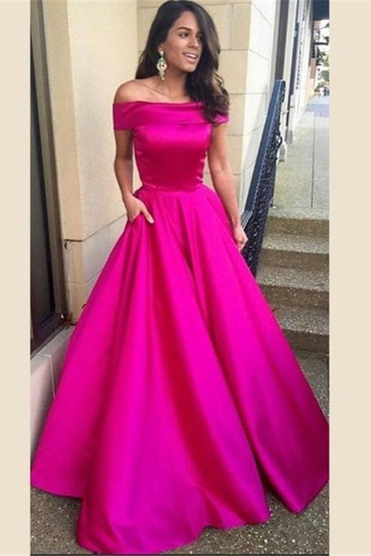 A-line Simple Satin Pocket Evening Dresses Off The Shoulder Prom Dress