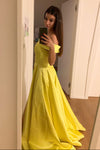 A-line Simple Satin Pocket Evening Dresses Off The Shoulder Prom Dress