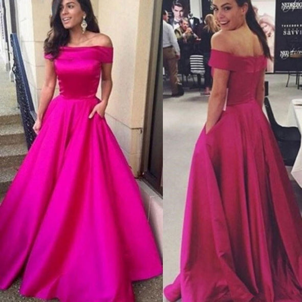 A-line Simple Satin Pocket Evening Dresses Off The Shoulder Prom Dress