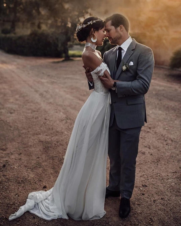 wedding dresses long beach Ivory Tulle Lace Long Sleeves Beach Wedding Dresses With Illusion Neck, MW716