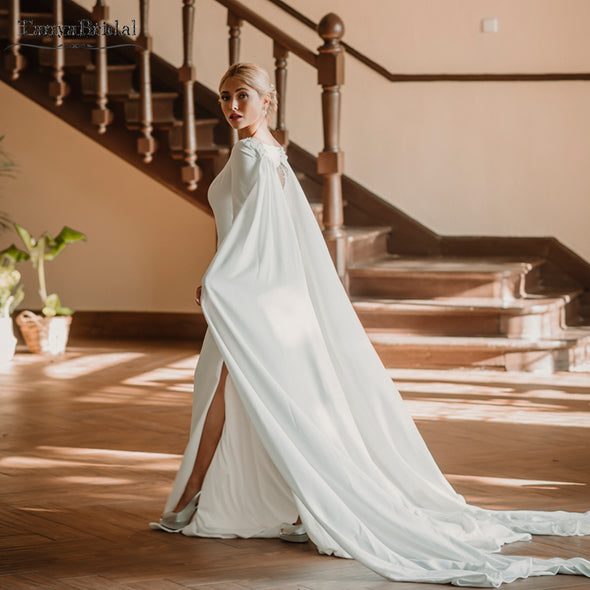 Fantasy Wedding Dress with Cape Soft Satin Simple Tradition Refined Bridal Gown Beaded Vestido de noivas DW234