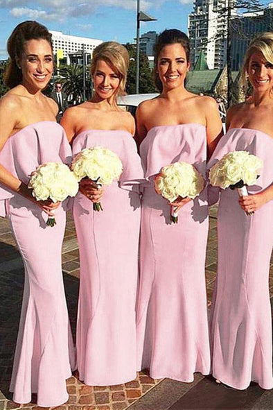 Pink Long Bridesmaid Dresses Strapless Simple Style