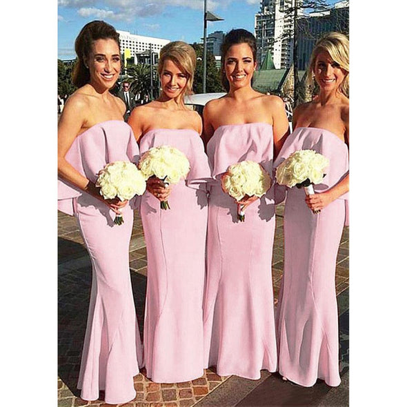 Pink Long Bridesmaid Dresses Strapless Simple Style