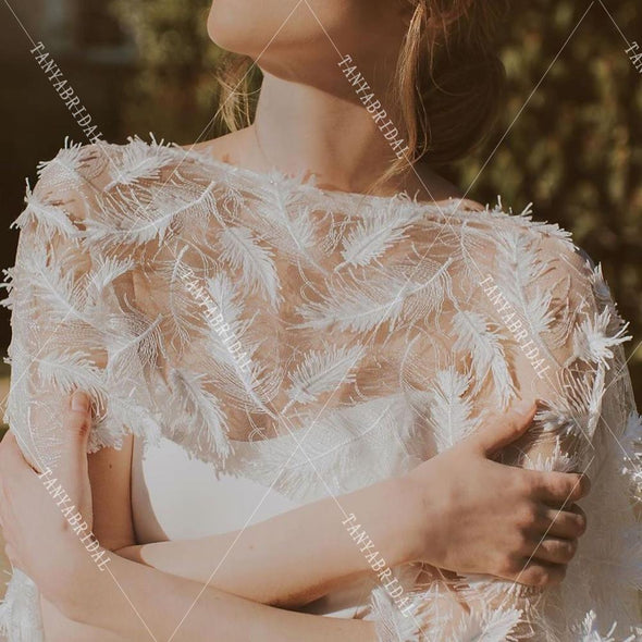 Feather Lace Long Capes Short front Long Back Elegant Wedding Wrap Romantic Bridal Shawl Capes DJ122