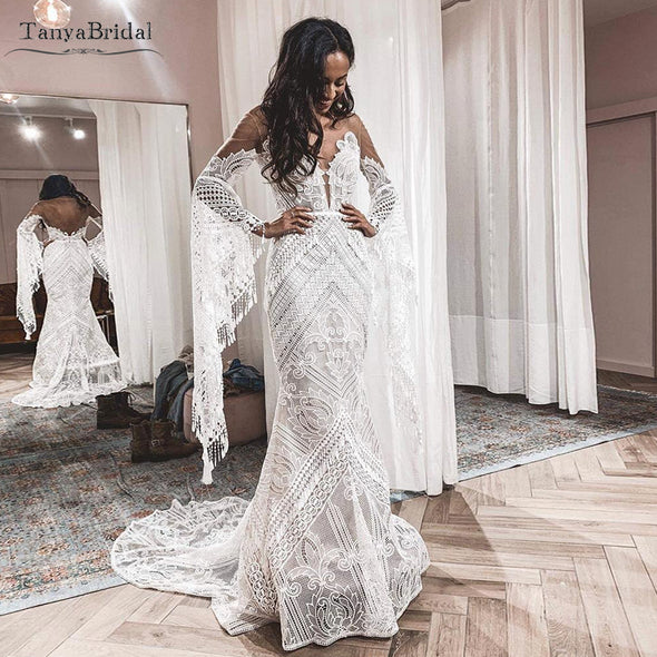 Bohemian Lace Wedding Dress Tassel Flare Sleeve