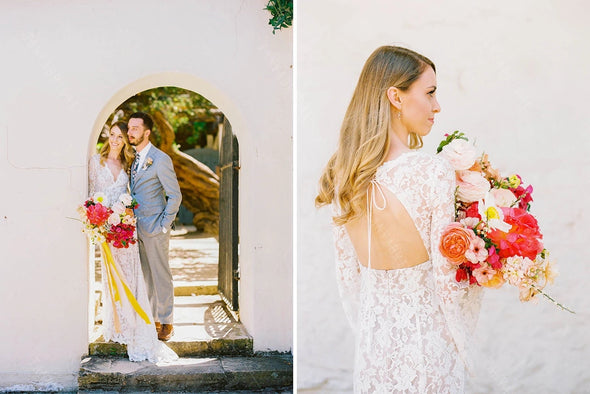 Flare Long Sleeve Lace Wedding Dresses Deep V-Neck A Line Open Back Engagement Noivas ZW420
