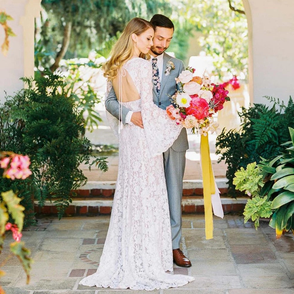 Flare Long Sleeve Lace Wedding Dresses Deep V-Neck A Line Open Back En – TANYA BRIDAL