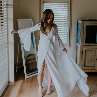 Flare Long Sleeve Lace Wedding Dresses High Split  DW444