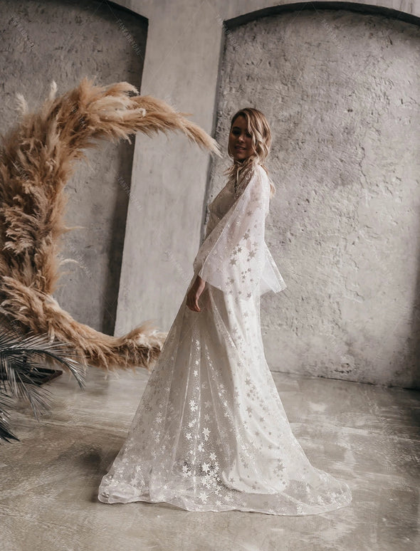 Flare Sleeve Sparkly Star Bohemian Wedding Dresses  DW583