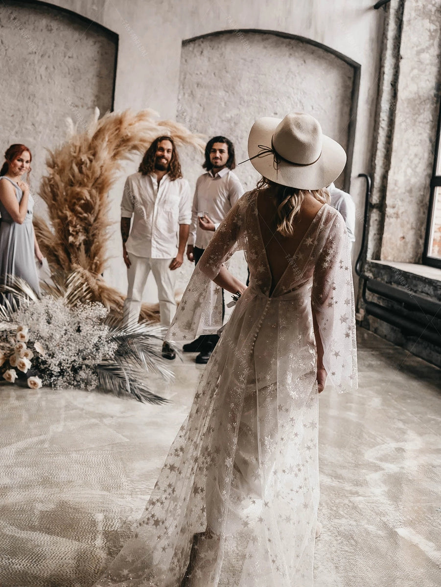Flare Sleeve Sparkly Star Bohemian Wedding Dresses DW583