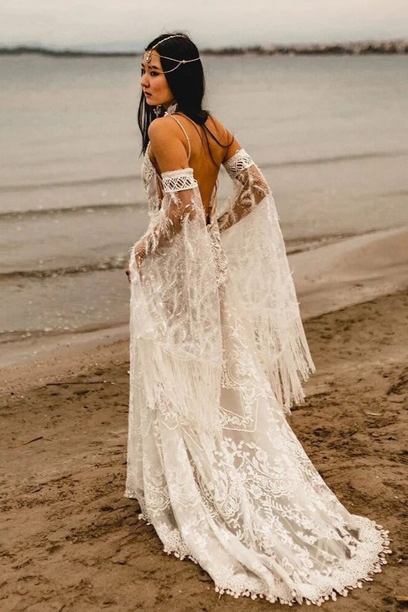 Flare Sleeve Wedding Dresses A Line Lace Tassel Vestido De Noivas Chic TANYA BRIDAL Flare Sleeve Wedding Dresses A Line Lace Tassel Vestido De Noivas Chic TANYA BRIDAL
