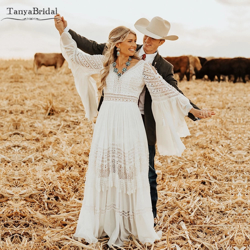 Long Sleeve Cowboy Wedding Wear Wedding Dress Elegant Western Wear
