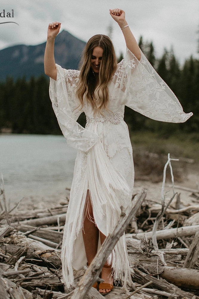 boho dress with tassels #DW450 Flare Sleeve Boho Wedding Dresses Tassel Vestido de Noivas -