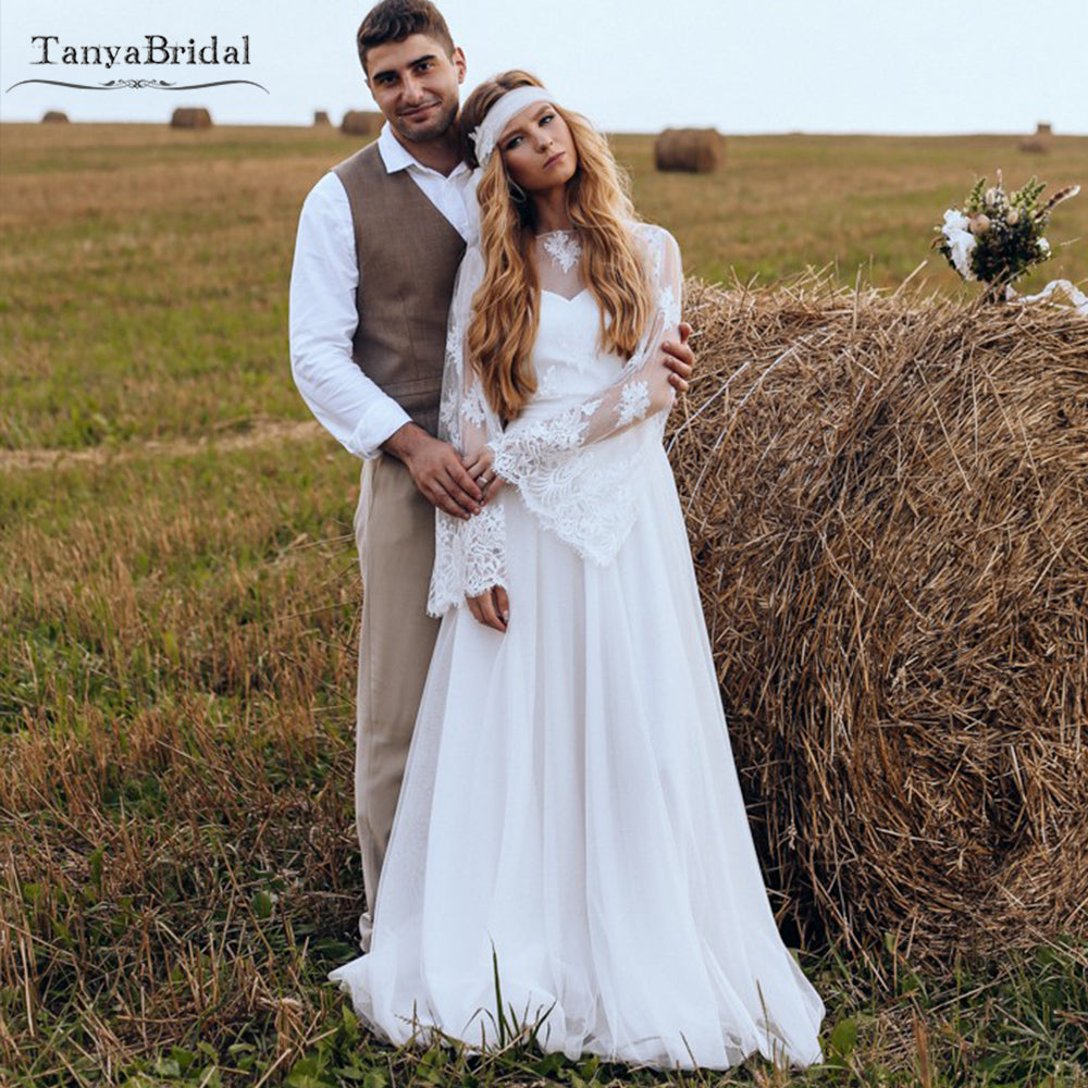 Flare Sleeve Chiffon Wedding Dresses Floor Length Country Wedding Gown TANYA BRIDAL Flare Sleeve Chiffon Wedding Dresses Floor Length Country Wedding Gown TANYA BRIDAL