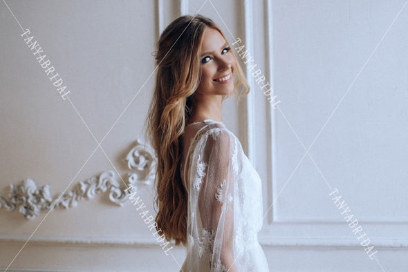 Flare Sleeve Chiffon Wedding Dresses Floor Length Country Wedding Gowns Long sleeve Bridal Dress Noivas Chic DW352