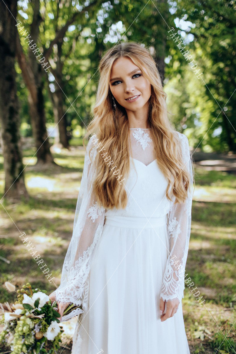 Flare Sleeve Chiffon Wedding Dresses Floor Length Country Wedding Gown – TANYA BRIDAL Flare Sleeve Chiffon Wedding Dresses Floor Length Country Wedding Gown – TANYA BRIDAL