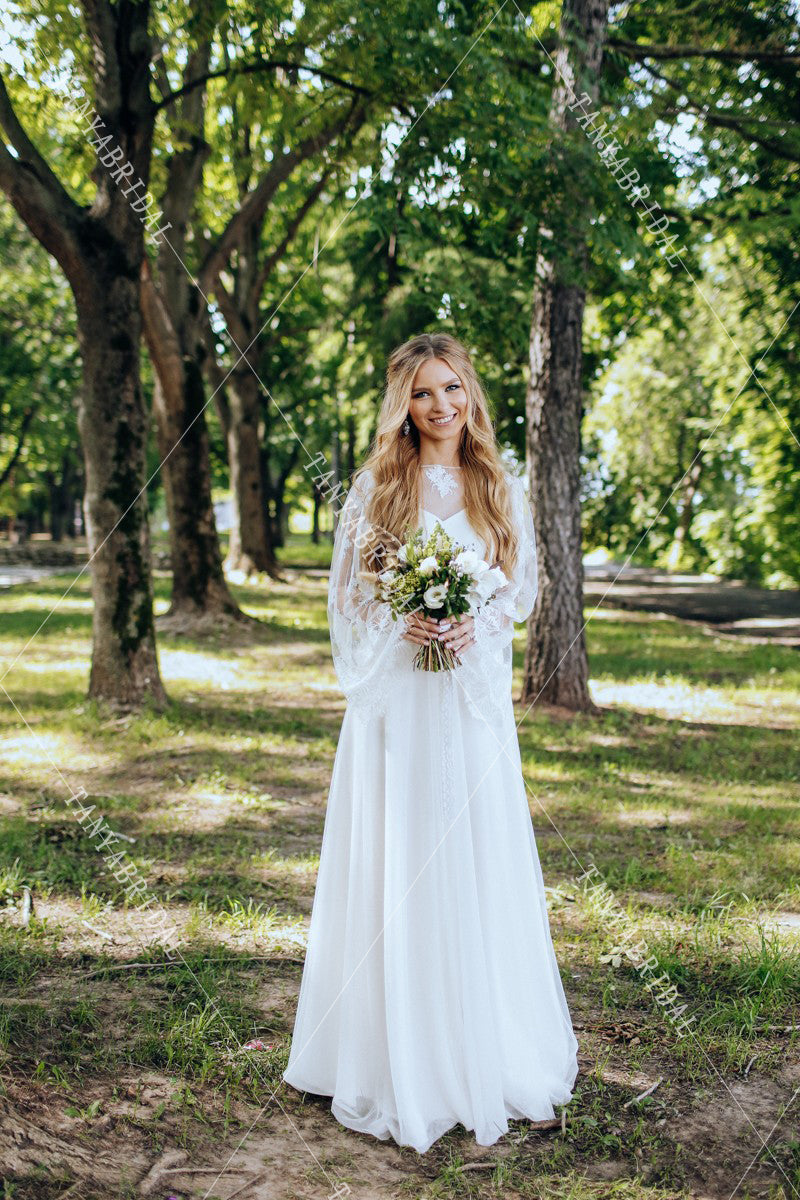 Flare Sleeve Chiffon Wedding Dresses Floor Length Country Wedding Gown TANYA BRIDAL Flare Sleeve Chiffon Wedding Dresses Floor Length Country Wedding Gown TANYA BRIDAL