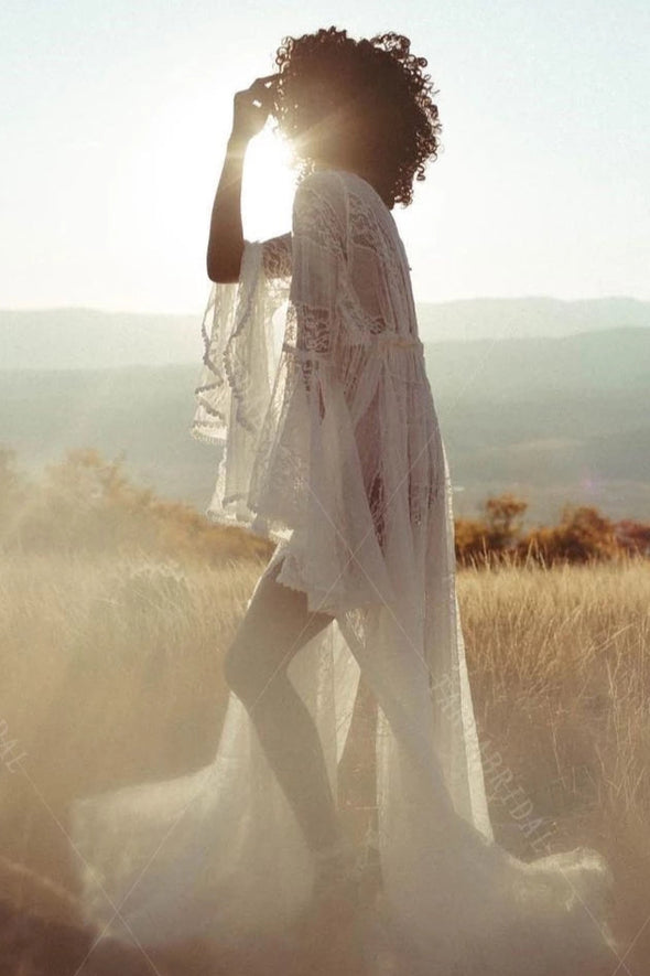 Flare Sleeve Lace Wedding Dress Pregnant Noivas Free Size DW611