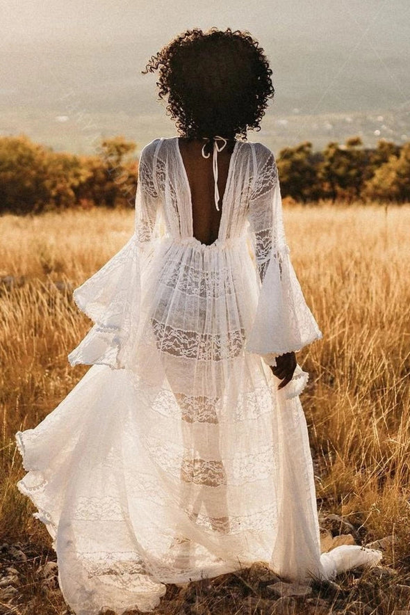Flare Sleeve Lace Wedding Dress Pregnant Noivas Free Size DW611