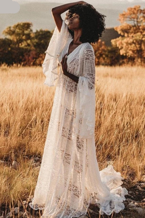 Flare Sleeve Lace Wedding Dress Pregnant Noivas Free Size DW611