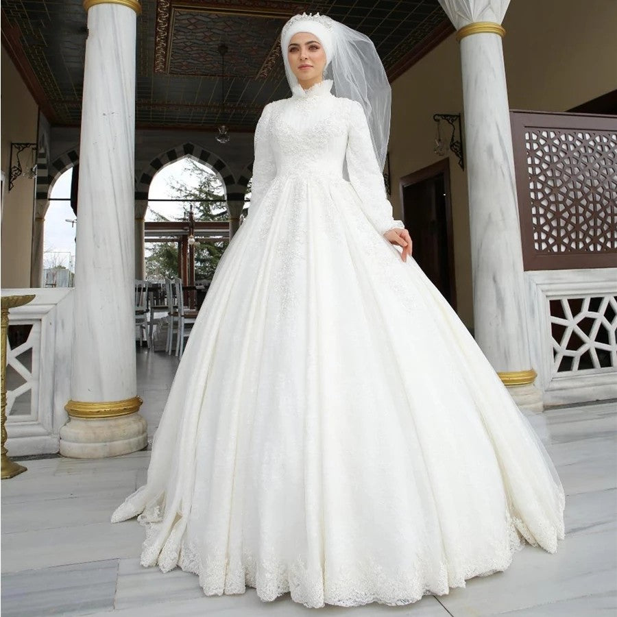 Elegant Satin Sequin Muslim Evening Dresses Long Sleeve Islamic Hijab Formal  Party Gown High Neck Saudi Arabia Robes De Soirée