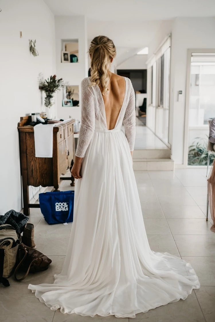France Lace Wedding Dresses Long Sleeve A-Line Backless Bridal Gowns DW534 France Lace Wedding Dresses Long Sleeve A-Line Backless Bridal Gowns DW534