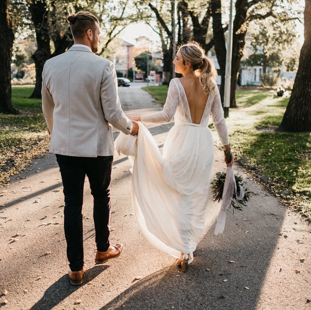 France Lace Wedding Dresses Long Sleeve A-Line Backless Bridal Gowns D TANYA BRIDAL France Lace Wedding Dresses Long Sleeve A-Line Backless Bridal Gowns D TANYA BRIDAL