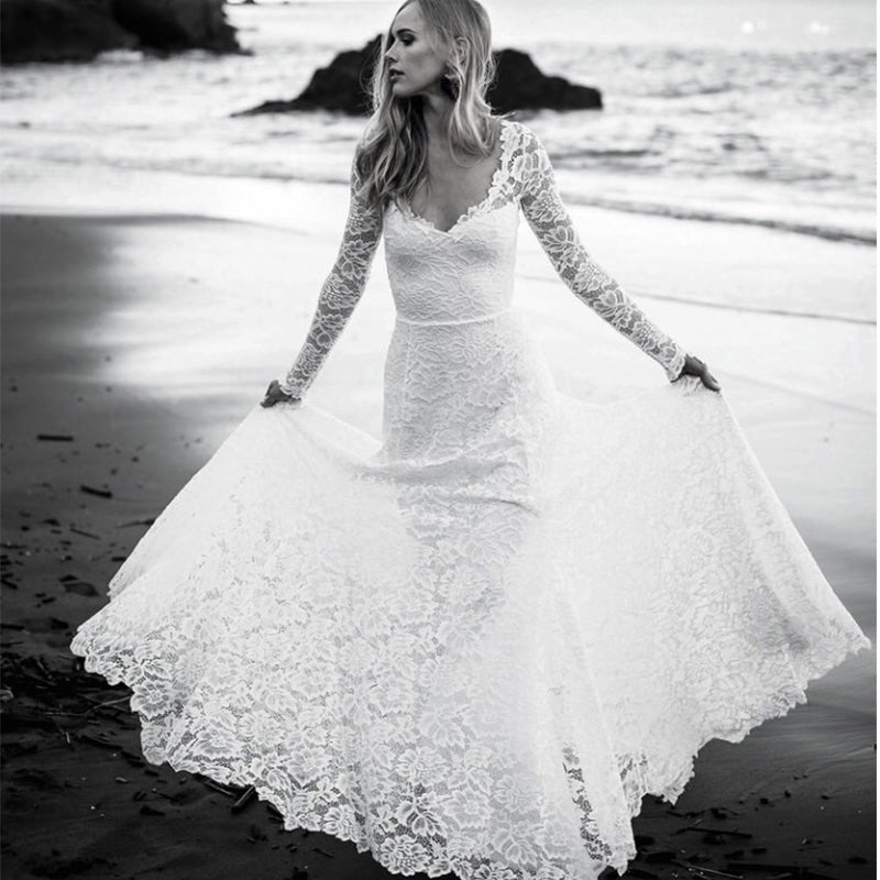 Full Lace Mermaid Long Sleeve Backless V Neck Summer Beach Bridal Gown TANYA BRIDAL Full Lace Mermaid Long Sleeve Backless V Neck Summer Beach Bridal Gown TANYA BRIDAL