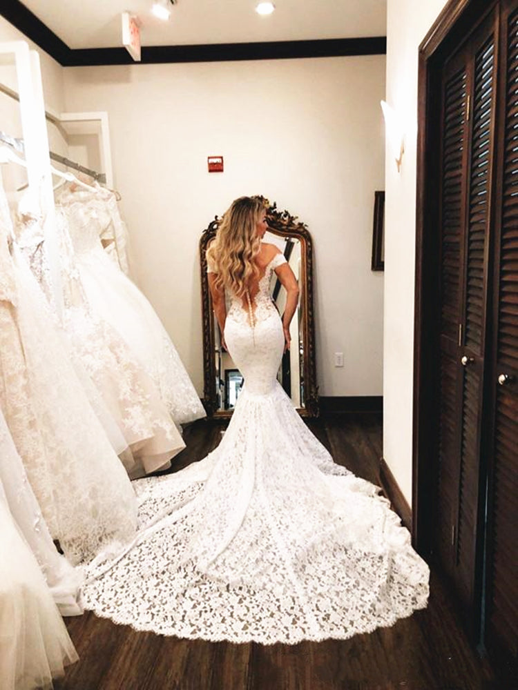 Full Lace Wedding Dresses Mermaid Long Trail Off Shoulder Illusion Back Bridal Gowns Full Lace Wedding Dresses Mermaid Long Trail Off Shoulder Illusion Back Bridal Gowns