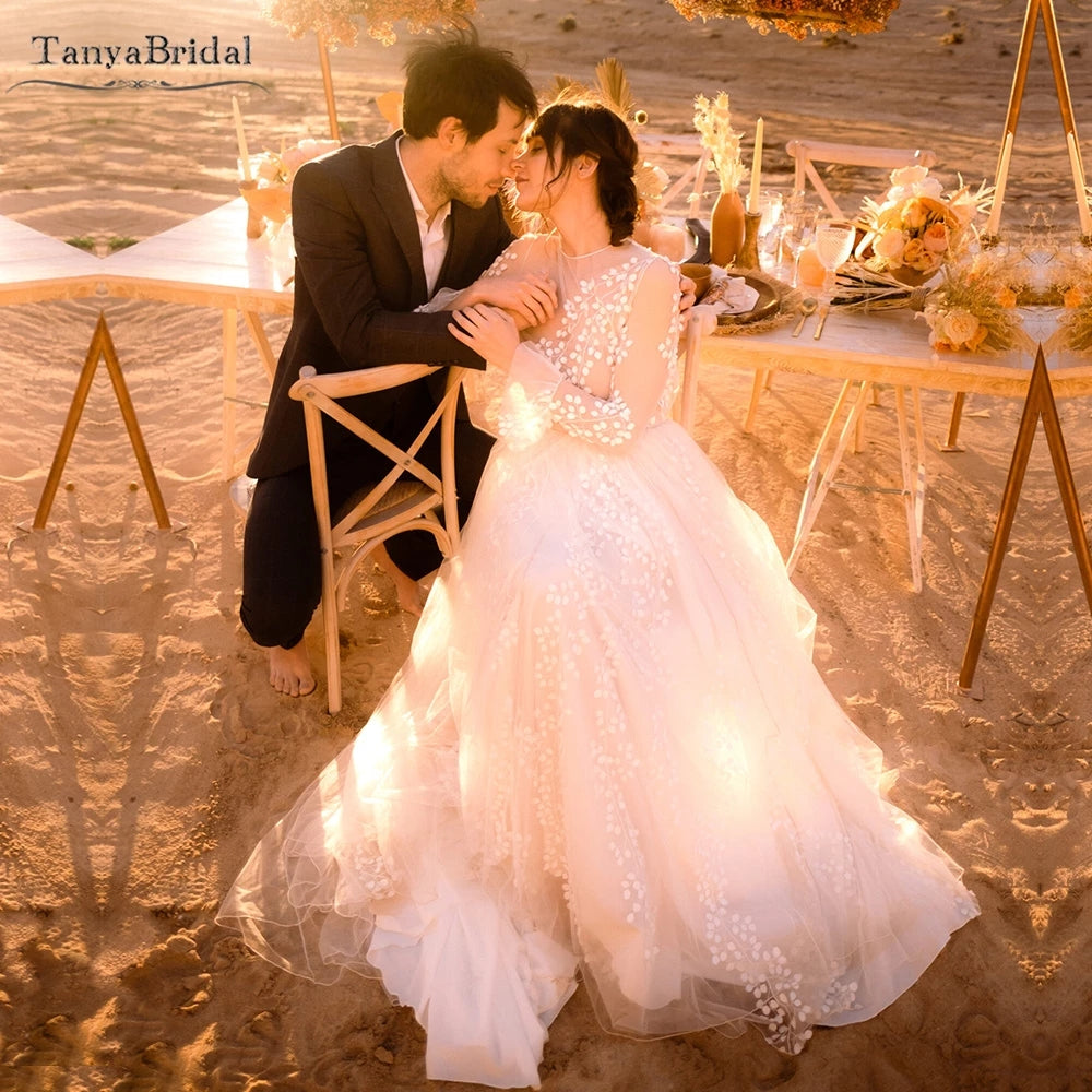 Backless Leaf Lace Full Sleeve Boho Wedding Dresses DW579 TANYA BRIDAL Backless Leaf Lace Full Sleeve Boho Wedding Dresses DW579 TANYA BRIDAL
