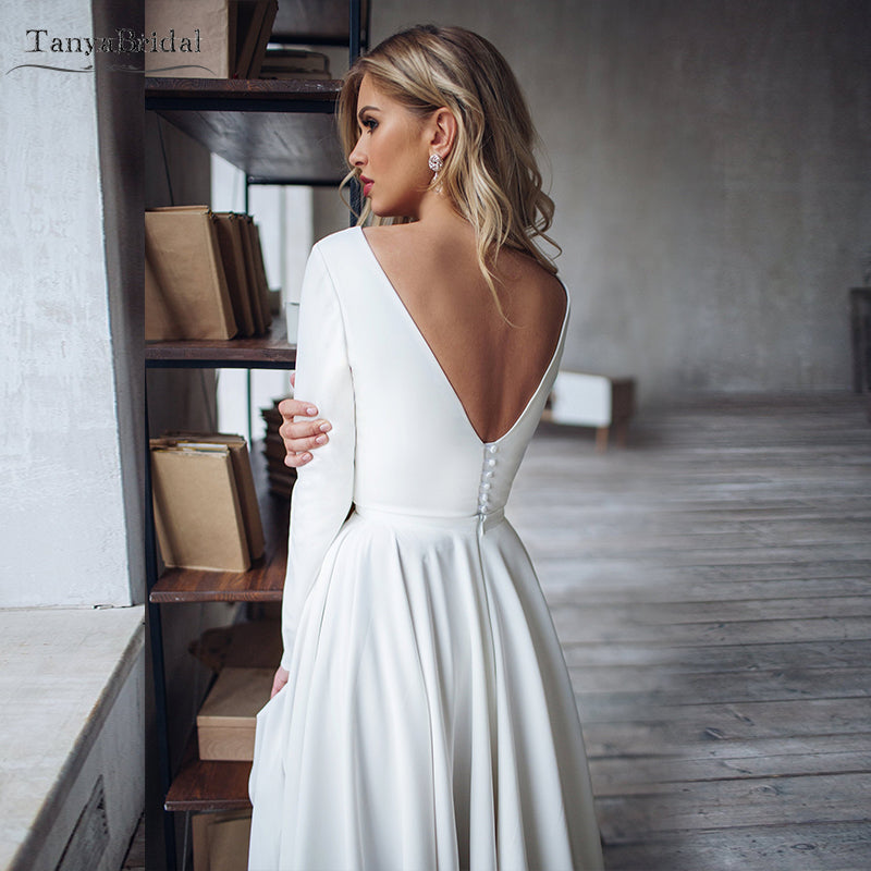 Simple Long Sleeves High Low Wedding Dresses DW095 TANYA BRIDAL Simple Long Sleeves High Low Wedding Dresses DW095 TANYA BRIDAL