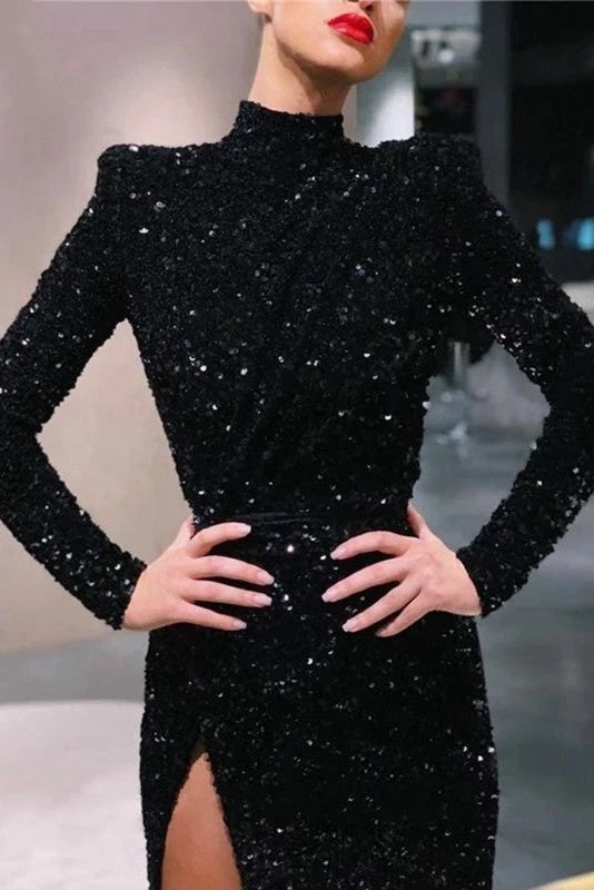 High Slit Long Sleeves Sequins Mermaid Formal Evening Dresses